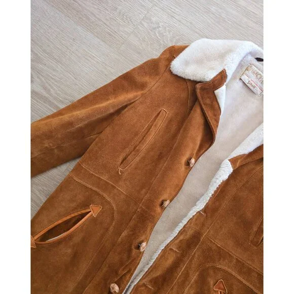 Schott NYC Rancher Western Barn Suede Leather Coat 40 Vintage Faux Fur Sherpa M
